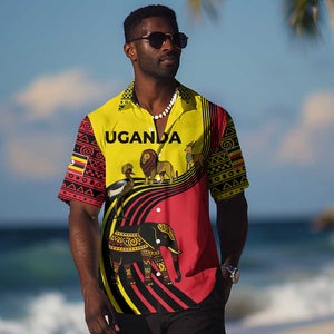Uganda Hawaiian Shirt - African Wildlife Elephant Lion and Crane in Tribal Pattern Design