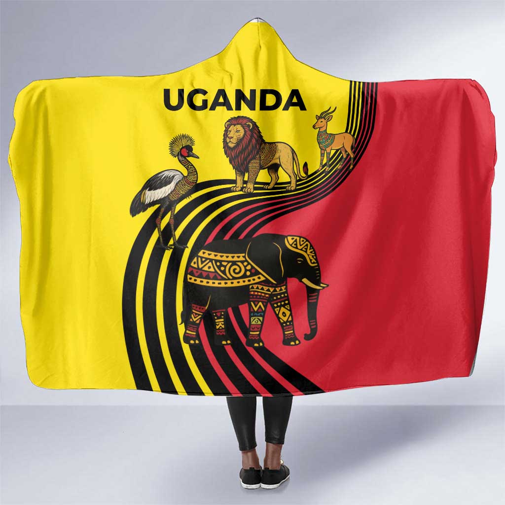Uganda Hooded Blanket - African Wildlife Elephant Lion and Crane in Tribal Pattern Design