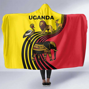 Uganda Hooded Blanket - African Wildlife Elephant Lion and Crane in Tribal Pattern Design