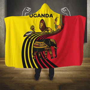 Uganda Hooded Blanket - African Wildlife Elephant Lion and Crane in Tribal Pattern Design