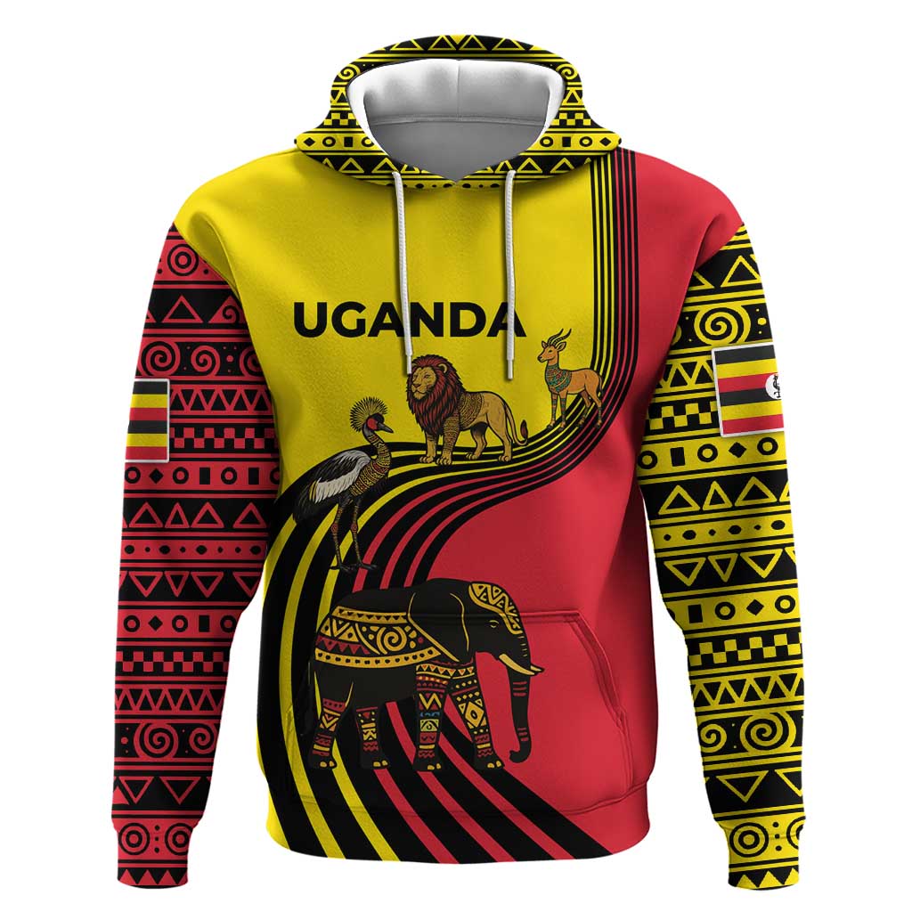 Uganda Hoodie - African Wildlife Elephant Lion and Crane in Tribal Pattern Design