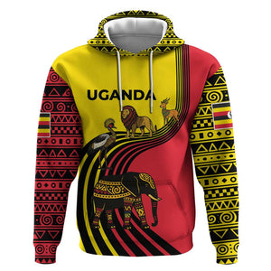 Uganda Hoodie - African Wildlife Elephant Lion and Crane in Tribal Pattern Design