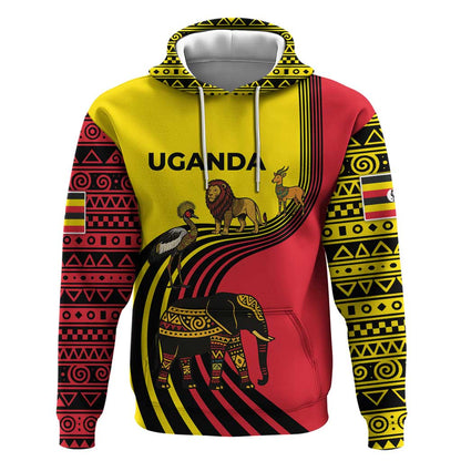 Uganda Hoodie - African Wildlife Elephant Lion and Crane in Tribal Pattern Design