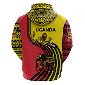Uganda Hoodie - African Wildlife Elephant Lion and Crane in Tribal Pattern Design