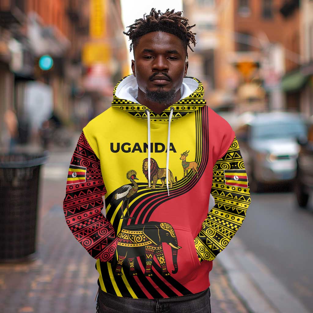 Uganda Hoodie - African Wildlife Elephant Lion and Crane in Tribal Pattern Design