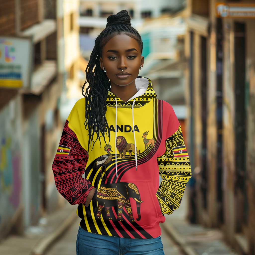 Uganda Hoodie - African Wildlife Elephant Lion and Crane in Tribal Pattern Design