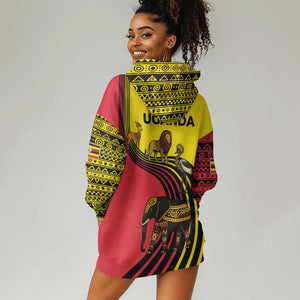 Uganda Hoodie Dress - African Wildlife Elephant Lion and Crane in Tribal Pattern Design