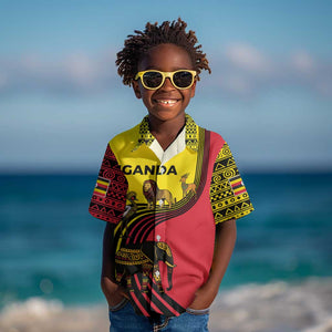 Uganda Kid Hawaiian Shirt - African Wildlife Elephant Lion and Crane in Tribal Pattern Design