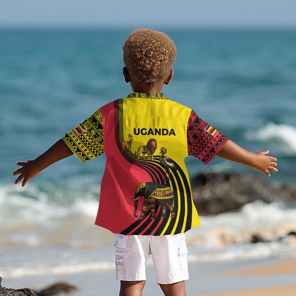 Uganda Kid Hawaiian Shirt - African Wildlife Elephant Lion and Crane in Tribal Pattern Design