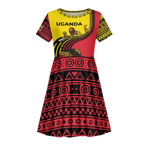 Uganda Kid Short Sleeve Dress - African Wildlife Elephant Lion and Crane in Tribal Pattern Design