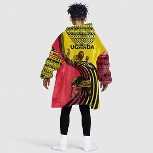 Uganda Kid Wearable Blanket Hoodie - African Wildlife Elephant Lion and Crane in Tribal Pattern Design