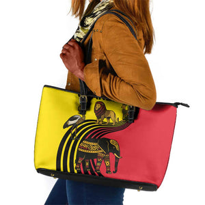 Uganda Leather Tote Bag - African Wildlife Elephant Lion and Crane in Tribal Pattern Design