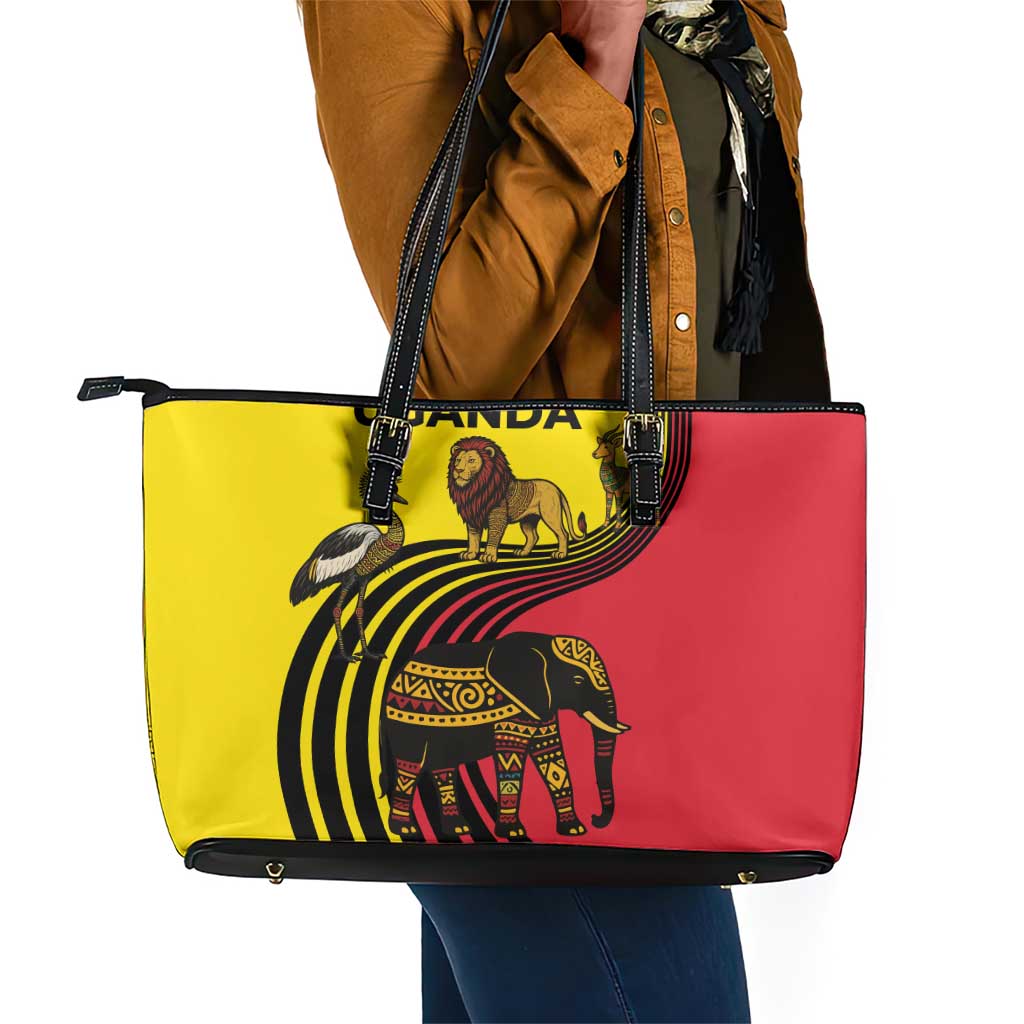 Uganda Leather Tote Bag - African Wildlife Elephant Lion and Crane in Tribal Pattern Design