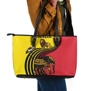 Uganda Leather Tote Bag - African Wildlife Elephant Lion and Crane in Tribal Pattern Design