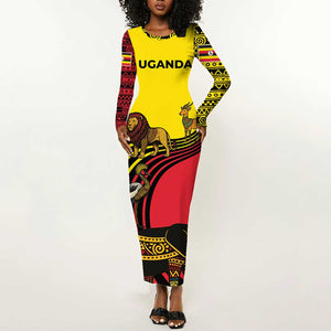Uganda Long Sleeve Bodycon Dress - African Wildlife Elephant Lion and Crane in Tribal Pattern Design TS04