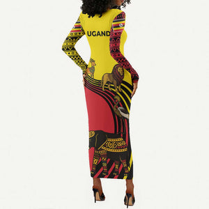 Uganda Long Sleeve Bodycon Dress - African Wildlife Elephant Lion and Crane in Tribal Pattern Design TS04