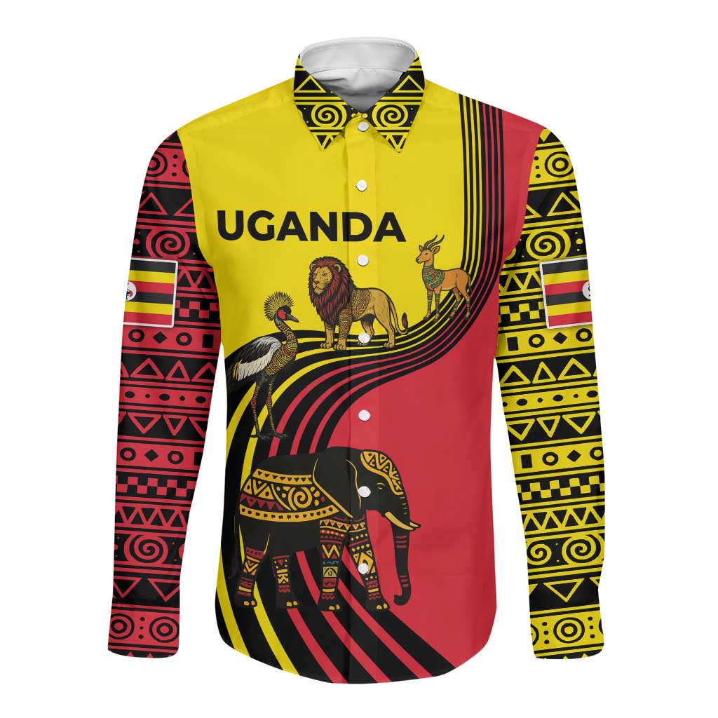 Uganda Long Sleeve Button Shirt - African Wildlife Elephant Lion and Crane in Tribal Pattern Design