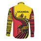 Uganda Long Sleeve Button Shirt - African Wildlife Elephant Lion and Crane in Tribal Pattern Design