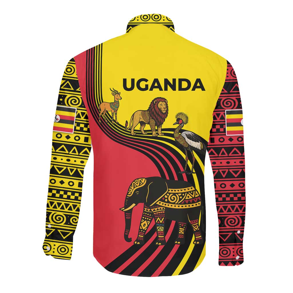 Uganda Long Sleeve Button Shirt - African Wildlife Elephant Lion and Crane in Tribal Pattern Design
