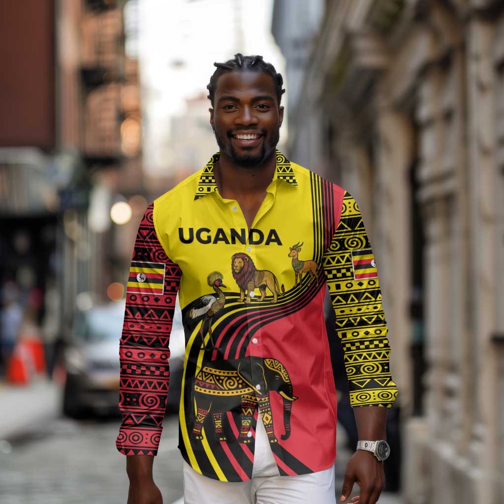 Uganda Long Sleeve Button Shirt - African Wildlife Elephant Lion and Crane in Tribal Pattern Design