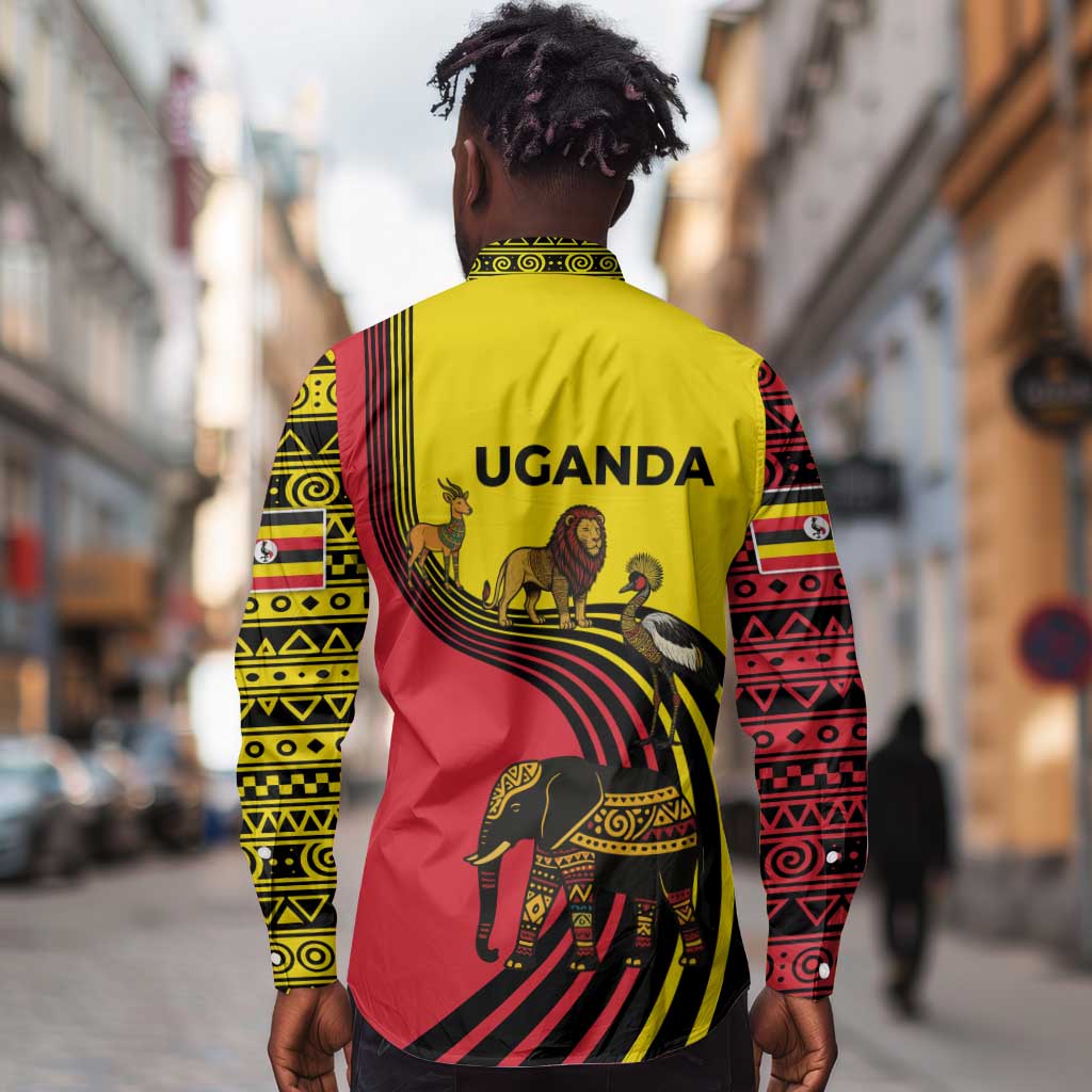 Uganda Long Sleeve Button Shirt - African Wildlife Elephant Lion and Crane in Tribal Pattern Design