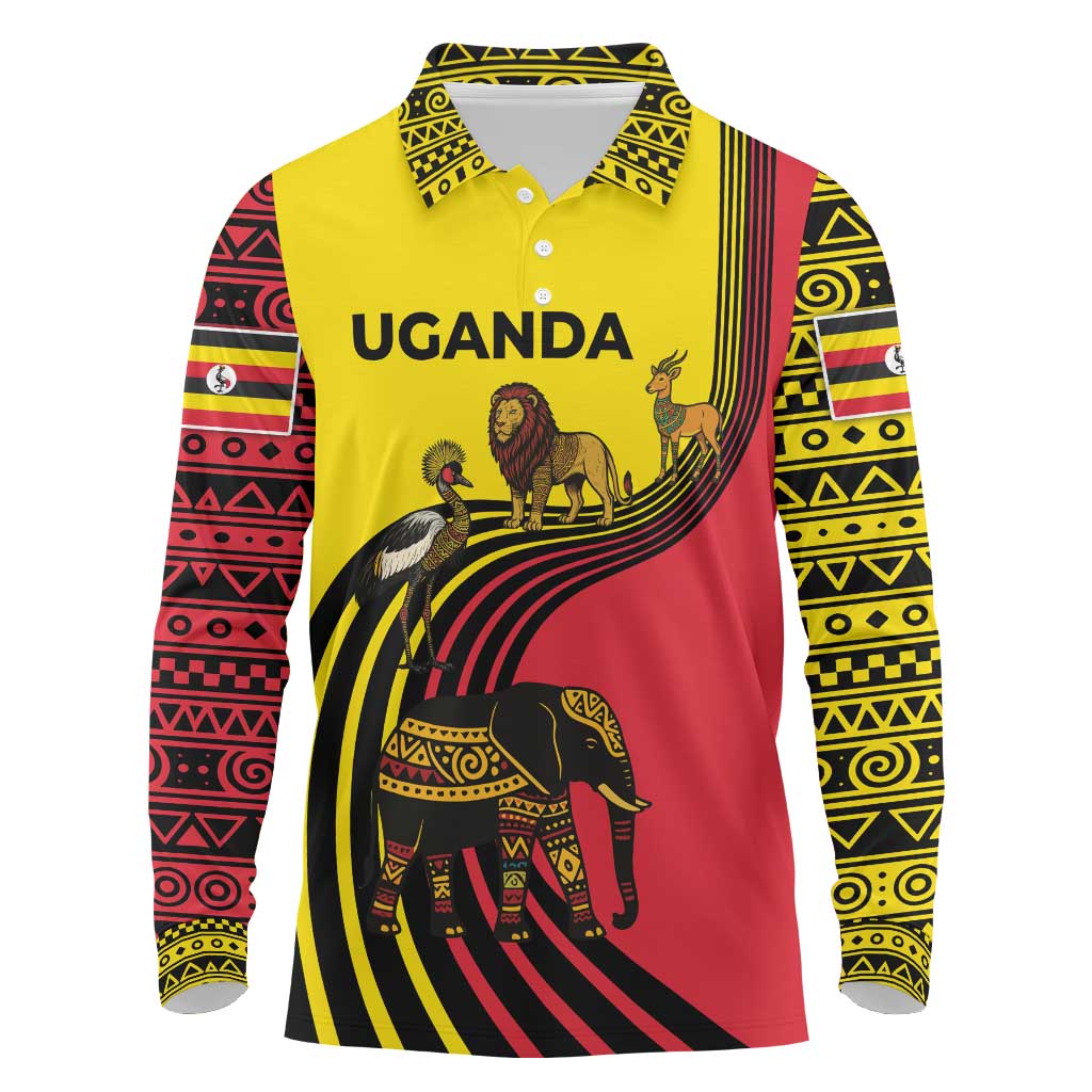 Uganda Long Sleeve Polo Shirt - African Wildlife Elephant Lion and Crane in Tribal Pattern Design