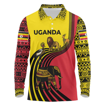 Uganda Long Sleeve Polo Shirt - African Wildlife Elephant Lion and Crane in Tribal Pattern Design