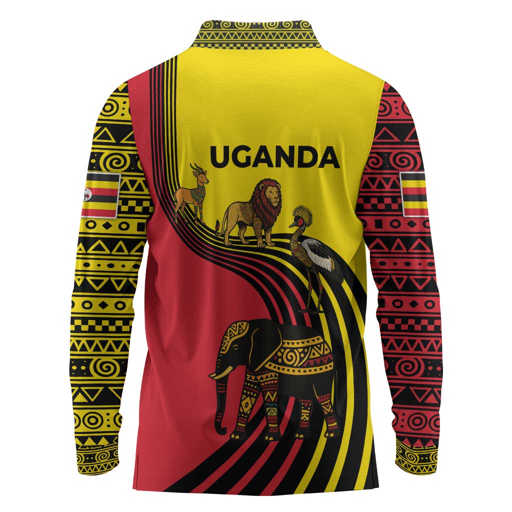 Uganda Long Sleeve Polo Shirt - African Wildlife Elephant Lion and Crane in Tribal Pattern Design