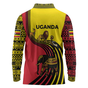 Uganda Long Sleeve Polo Shirt - African Wildlife Elephant Lion and Crane in Tribal Pattern Design