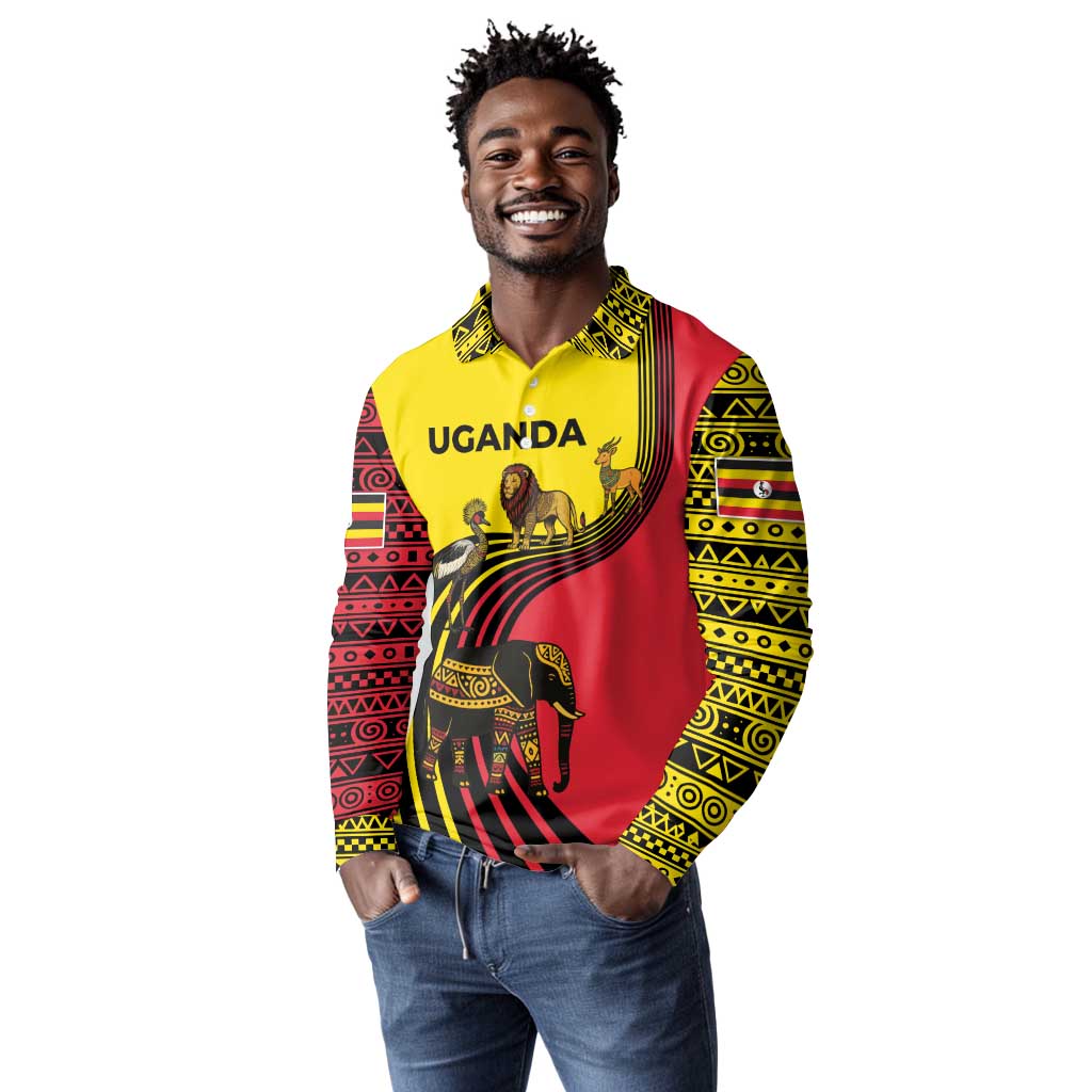 Uganda Long Sleeve Polo Shirt - African Wildlife Elephant Lion and Crane in Tribal Pattern Design