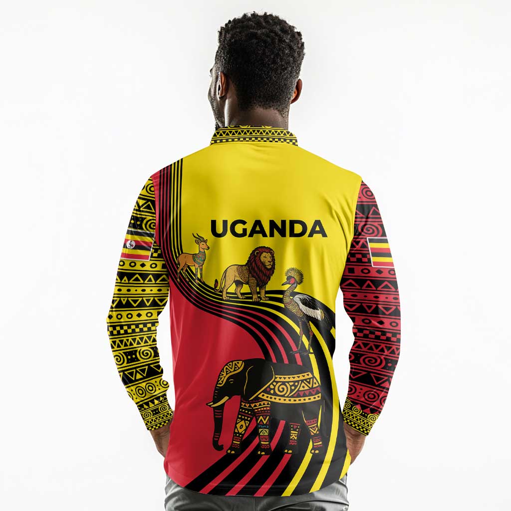 Uganda Long Sleeve Polo Shirt - African Wildlife Elephant Lion and Crane in Tribal Pattern Design