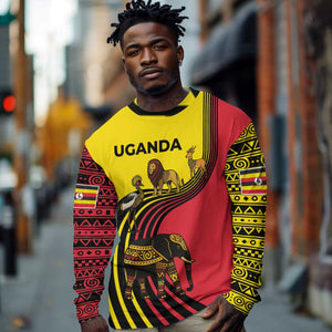 Uganda Long Sleeve Shirt - African Wildlife Elephant Lion and Crane in Tribal Pattern Design