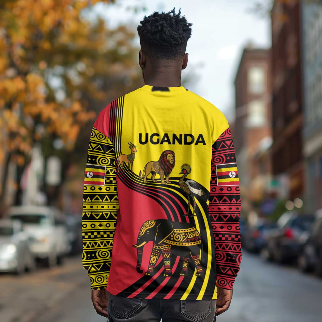 Uganda Long Sleeve Shirt - African Wildlife Elephant Lion and Crane in Tribal Pattern Design