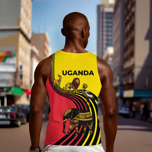 Uganda Men Tank Top - African Wildlife Elephant Lion and Crane in Tribal Pattern Design