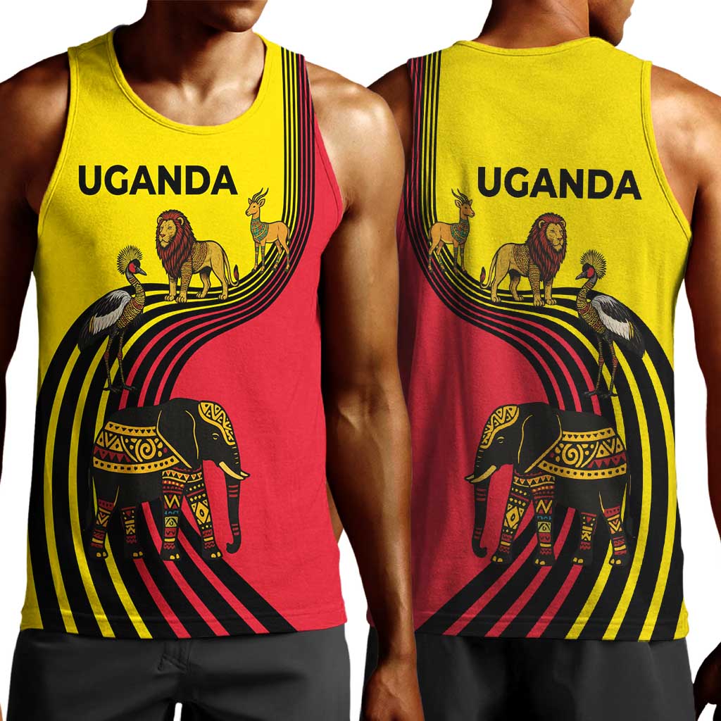Uganda Men Tank Top - African Wildlife Elephant Lion and Crane in Tribal Pattern Design