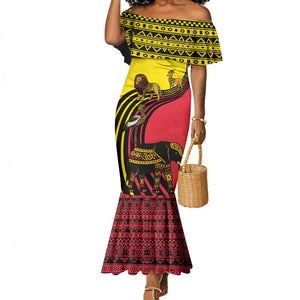 Uganda Mermaid Dress - African Wildlife Elephant Lion and Crane in Tribal Pattern Design