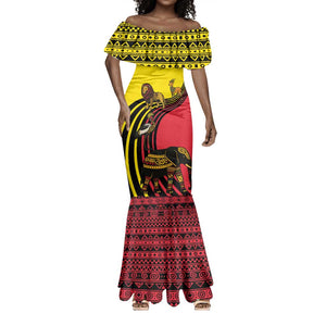Uganda Mermaid Dress - African Wildlife Elephant Lion and Crane in Tribal Pattern Design