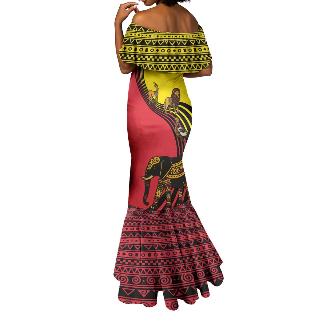 Uganda Mermaid Dress - African Wildlife Elephant Lion and Crane in Tribal Pattern Design