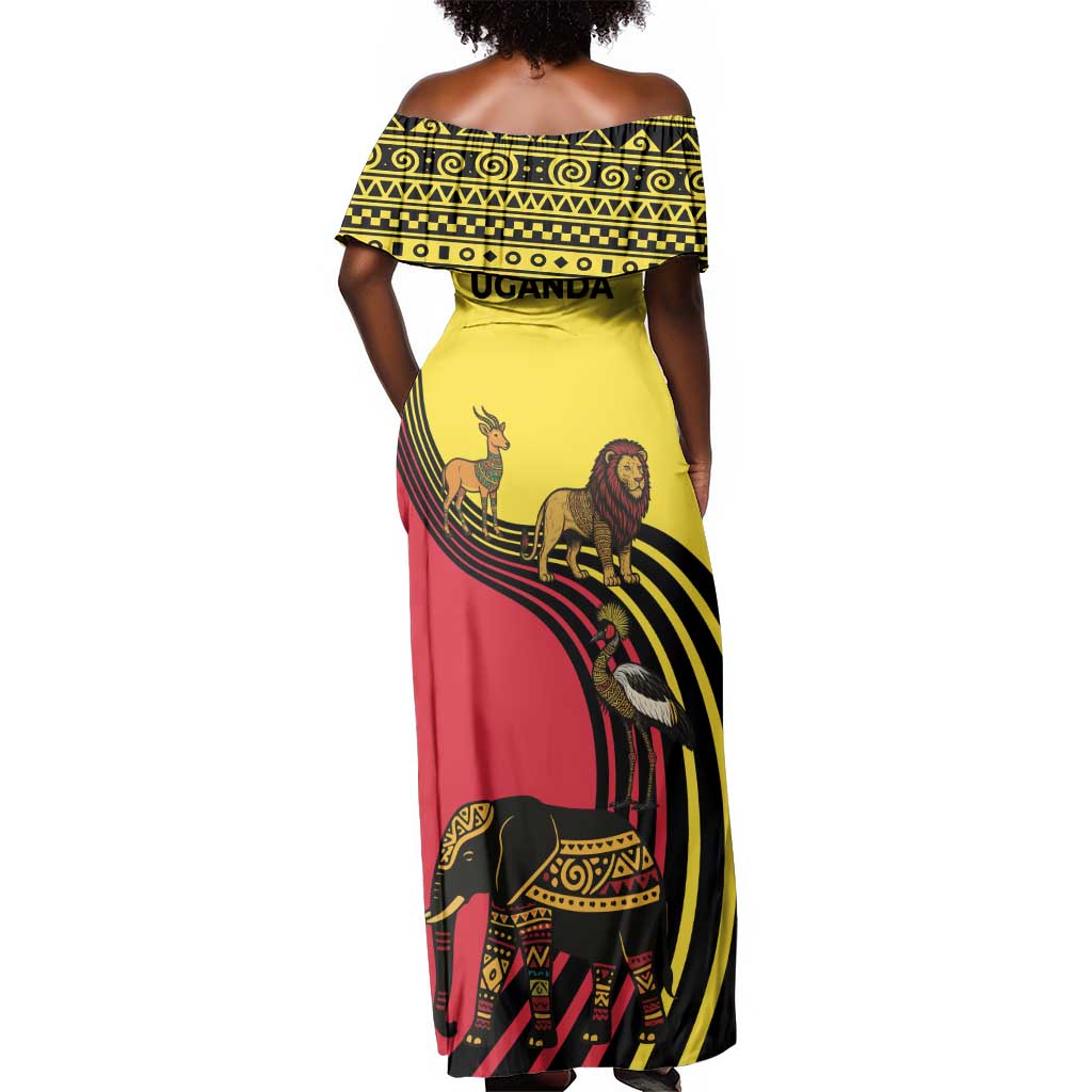 Uganda Off Shoulder Maxi Dress - African Wildlife Elephant Lion and Crane in Tribal Pattern Design