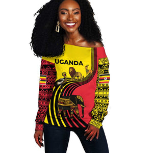 Uganda Off Shoulder Sweater - African Wildlife Elephant Lion and Crane in Tribal Pattern Design