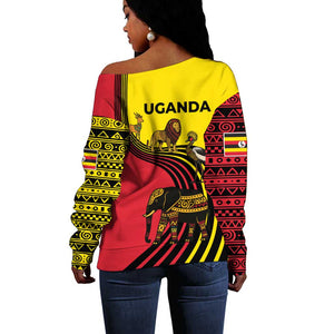 Uganda Off Shoulder Sweater - African Wildlife Elephant Lion and Crane in Tribal Pattern Design