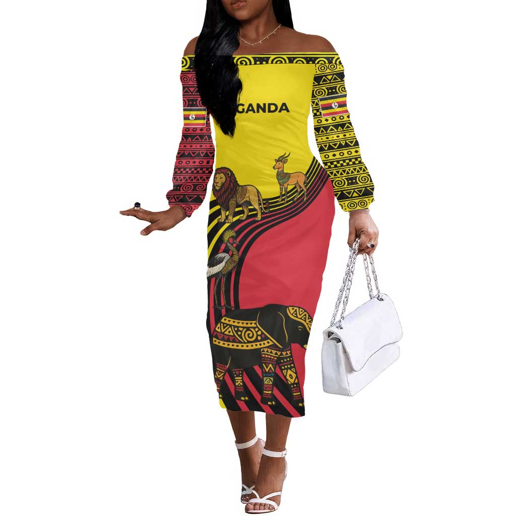 Uganda Off The Shoulder Long Sleeve Dress - African Wildlife Elephant Lion and Crane in Tribal Pattern Design
