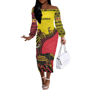 Uganda Off The Shoulder Long Sleeve Dress - African Wildlife Elephant Lion and Crane in Tribal Pattern Design
