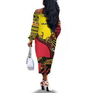 Uganda Off The Shoulder Long Sleeve Dress - African Wildlife Elephant Lion and Crane in Tribal Pattern Design