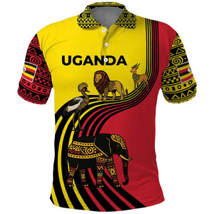 Uganda Polo Shirt - African Wildlife Elephant Lion and Crane in Tribal Pattern Design