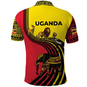 Uganda Polo Shirt - African Wildlife Elephant Lion and Crane in Tribal Pattern Design