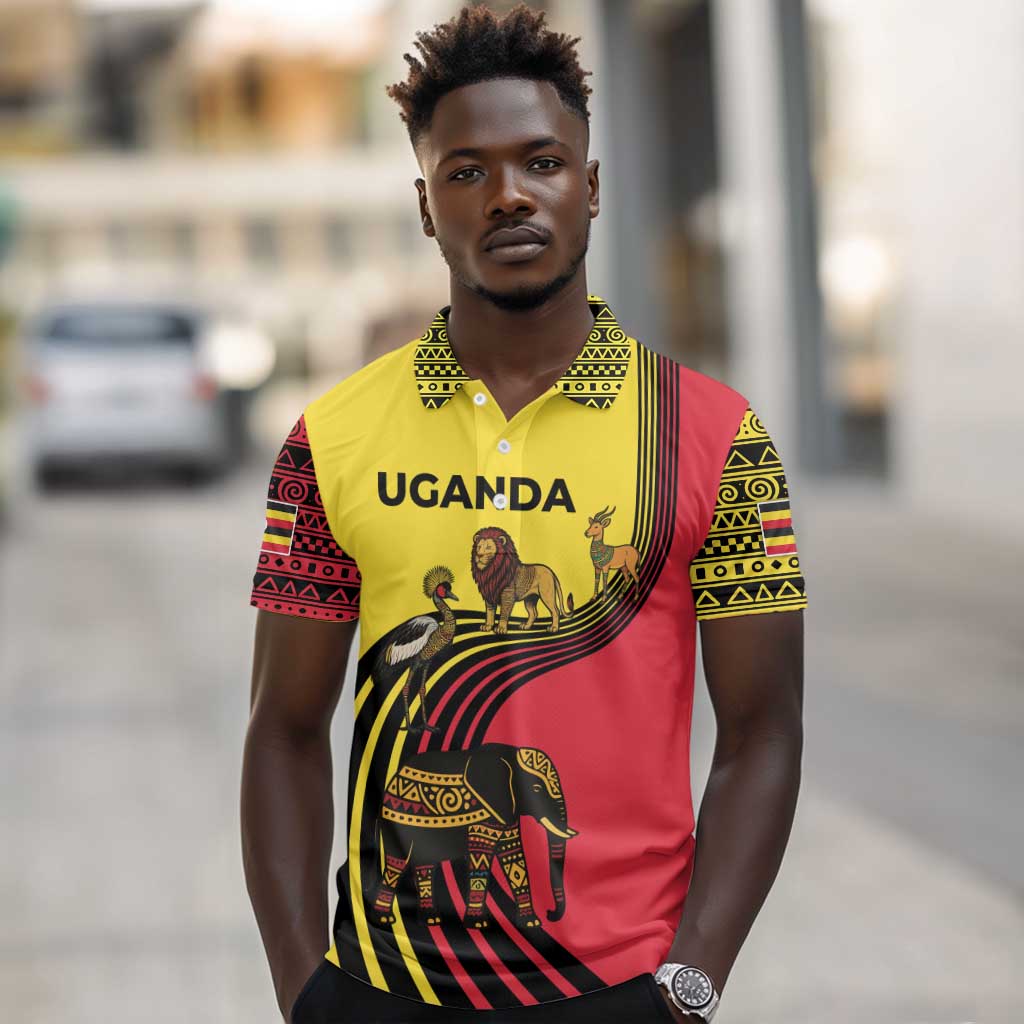 Uganda Polo Shirt - African Wildlife Elephant Lion and Crane in Tribal Pattern Design
