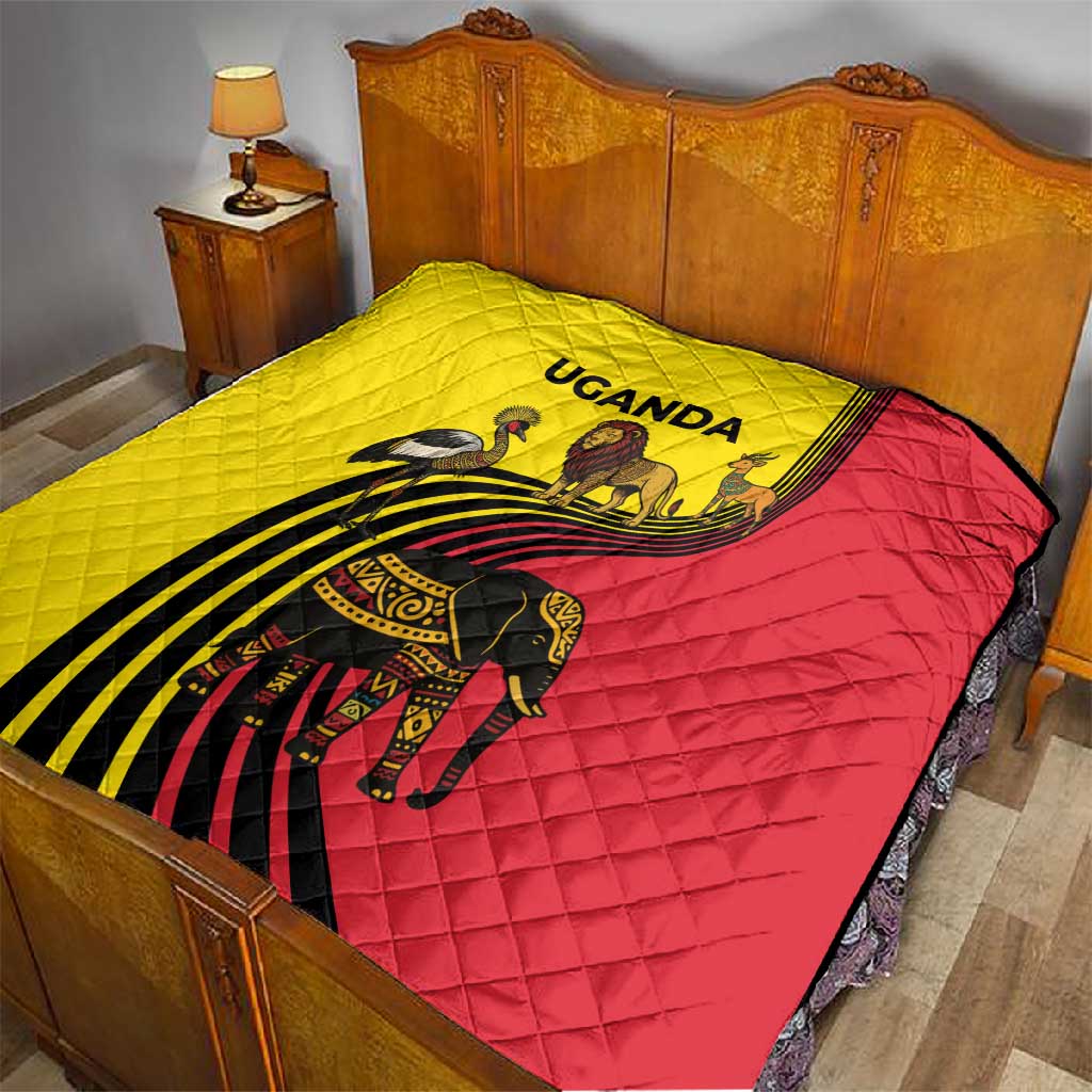 Uganda Quilt - African Wildlife Elephant Lion and Crane in Tribal Pattern Design