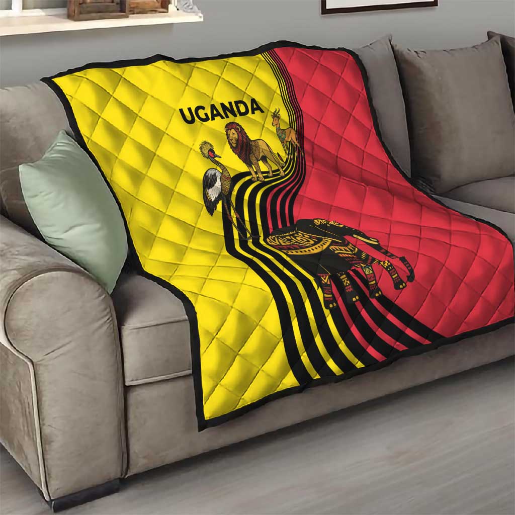 Uganda Quilt - African Wildlife Elephant Lion and Crane in Tribal Pattern Design