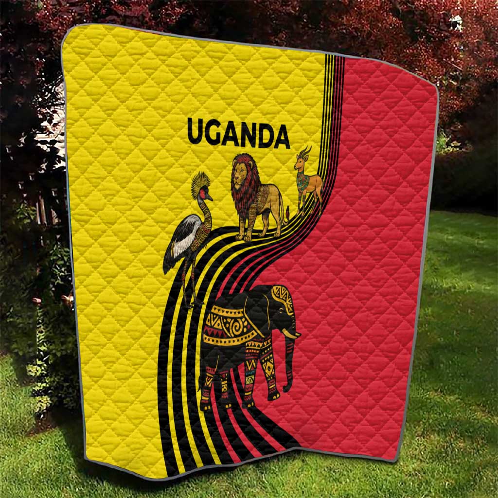 Uganda Quilt - African Wildlife Elephant Lion and Crane in Tribal Pattern Design